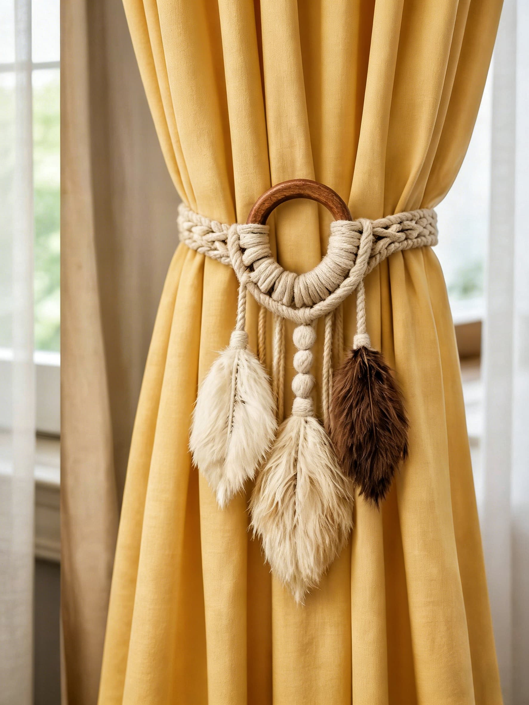 Boho Feather & Wooden Ring Cotton Macrame Curtain Tieback