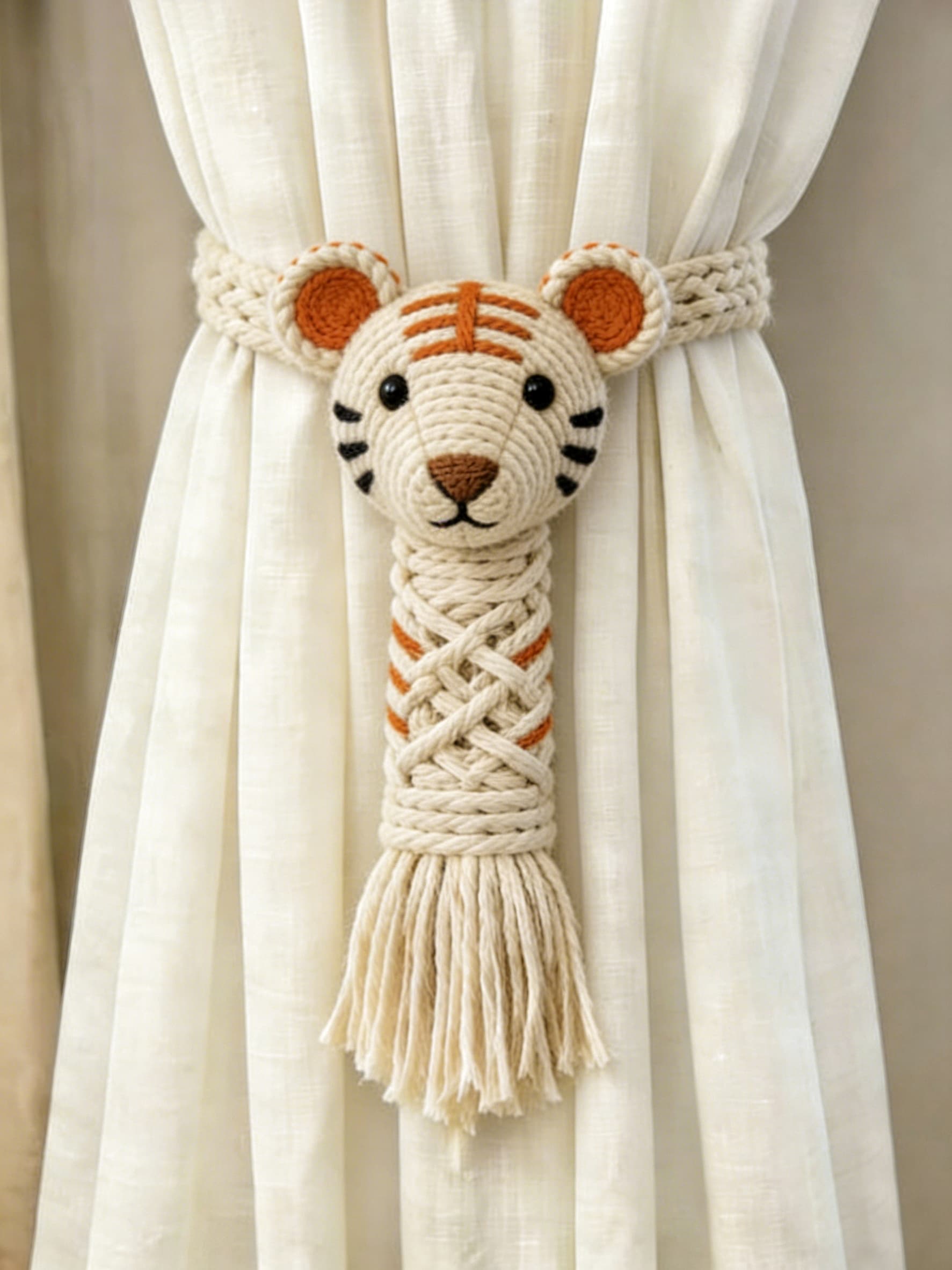 Playful Tiger Cub Cotton Macrame Curtain Tieback