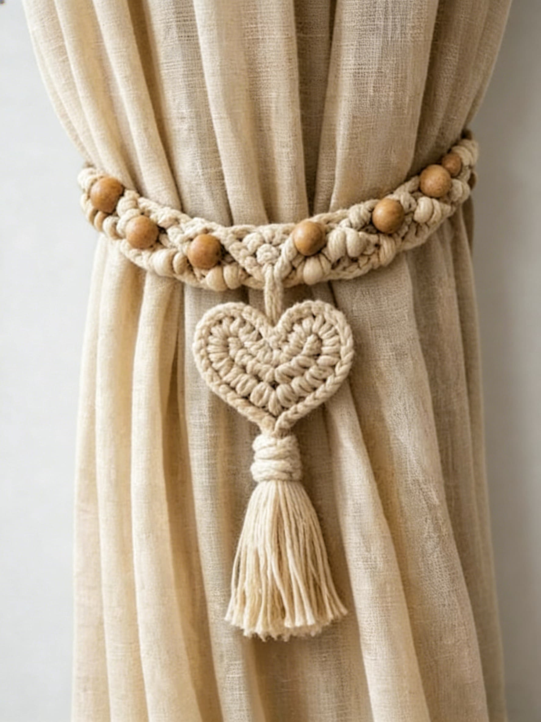 Beaded Heart Tassel Cotton Macrame Curtain Tieback