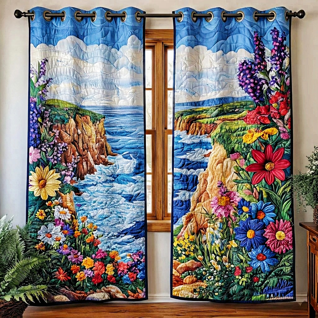 Coastal Cliff & Floral Bloom  Embroidered Knitwear Quilted Curtains