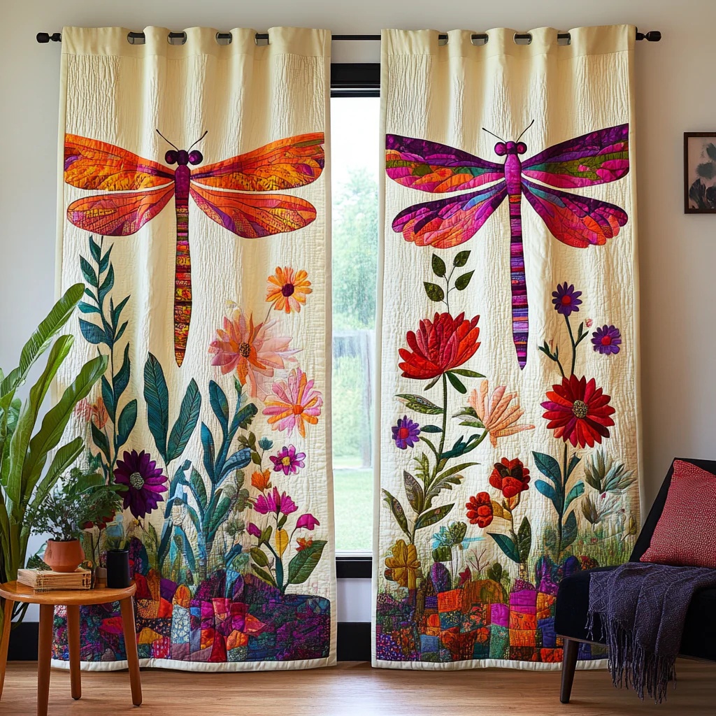Iridescent Dragonfly & Wildflower Embroidered Knitwear Quilted Curtains