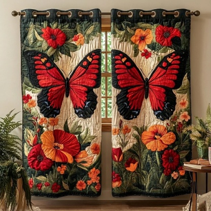 Scarlet Butterfly & Poppy Bloom Embroidered Knitwear Quilted Curtains