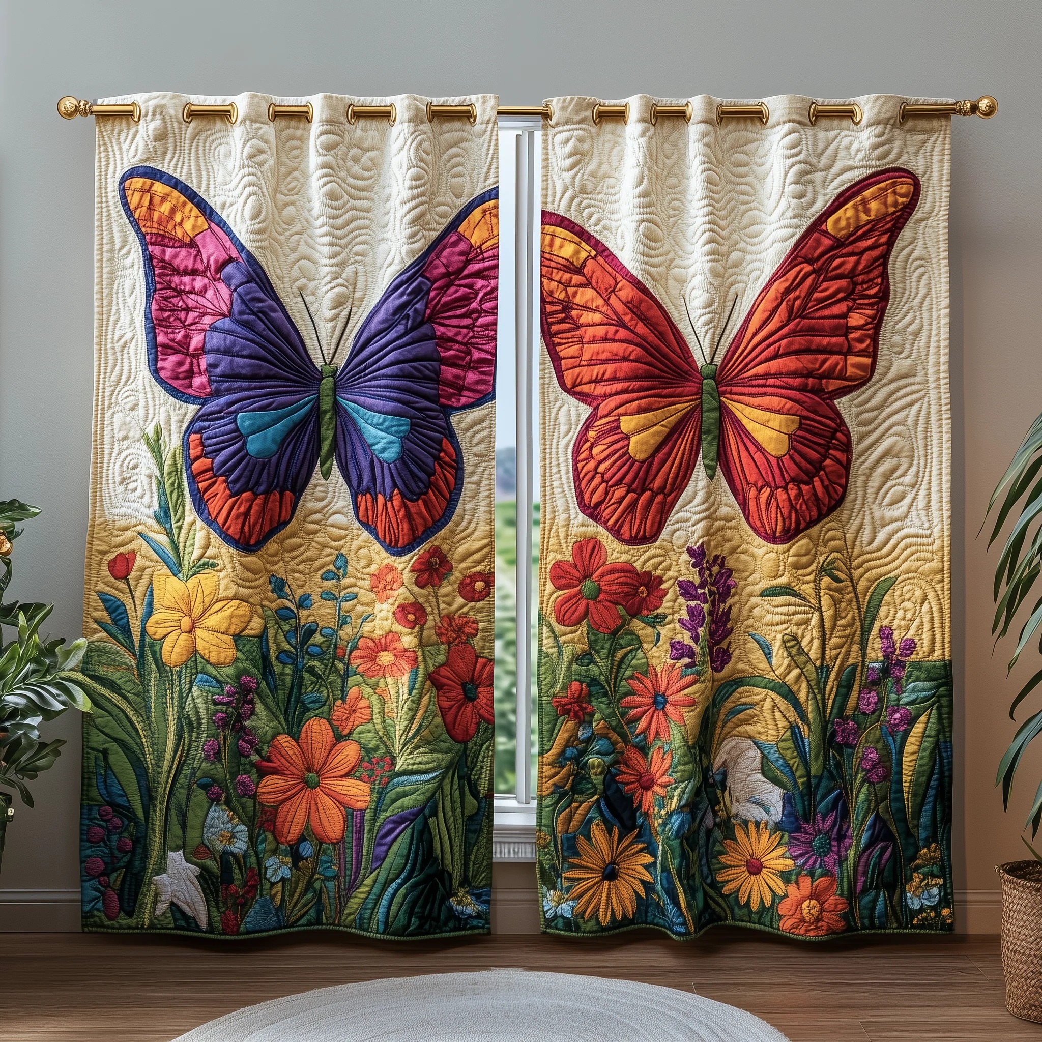 Dual-Butterfly Wildflower Meadow Embroidered Knitwear Quilted Curtains
