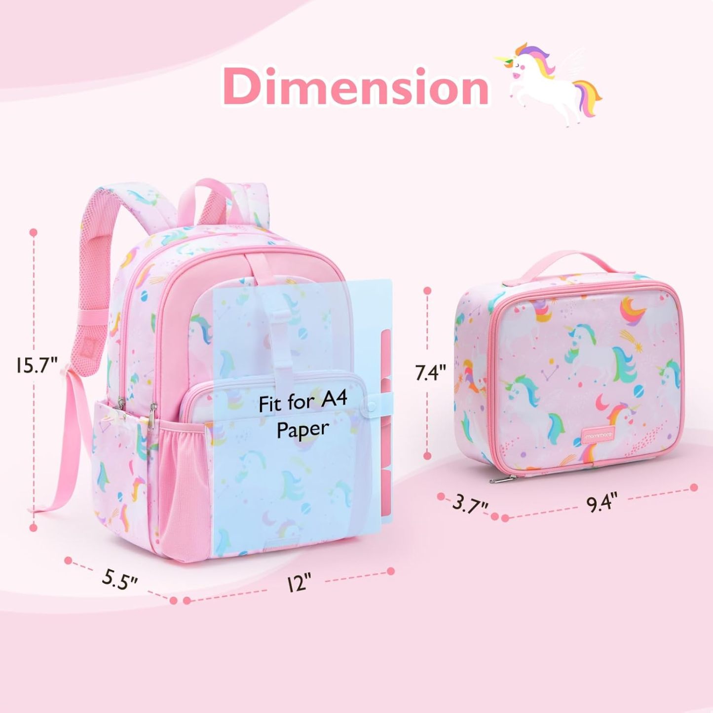 mommore Kids Backpack Set with Lunch Box Pink Unicorn