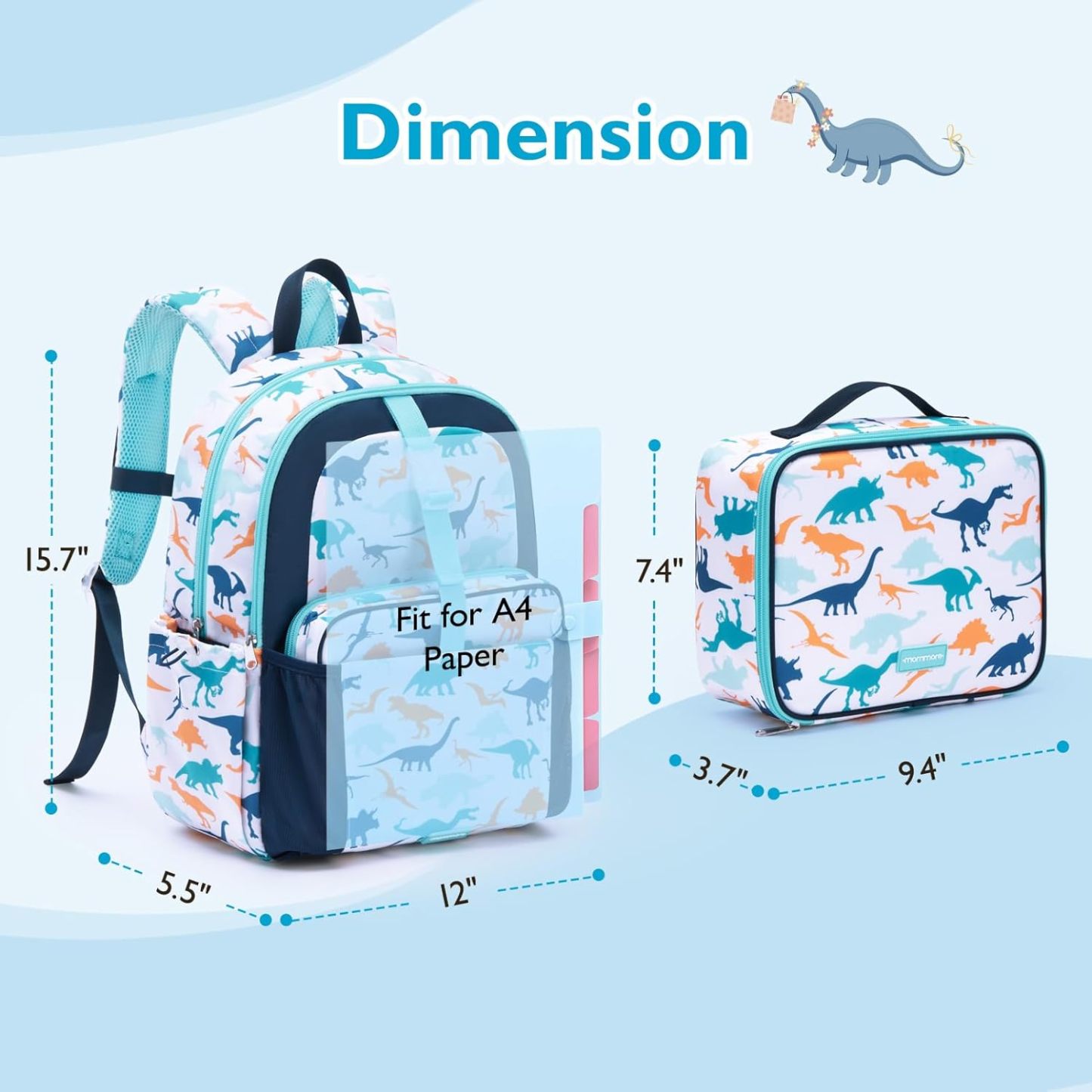 mommore Kids Backpack Set with Lunch Box Blue Dinosaur