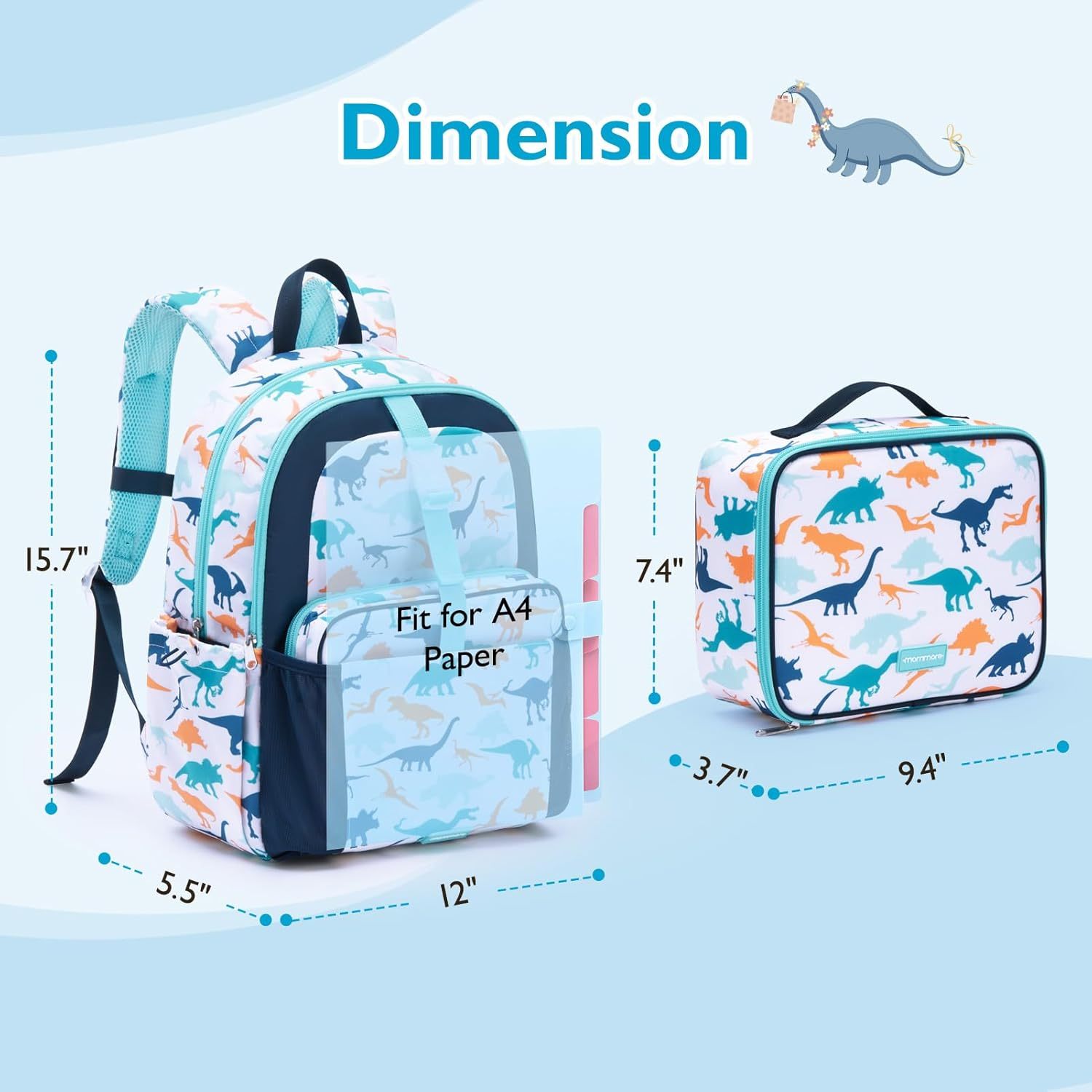 mommore Kids Backpack Set with Lunch Box Blue Dinosaur