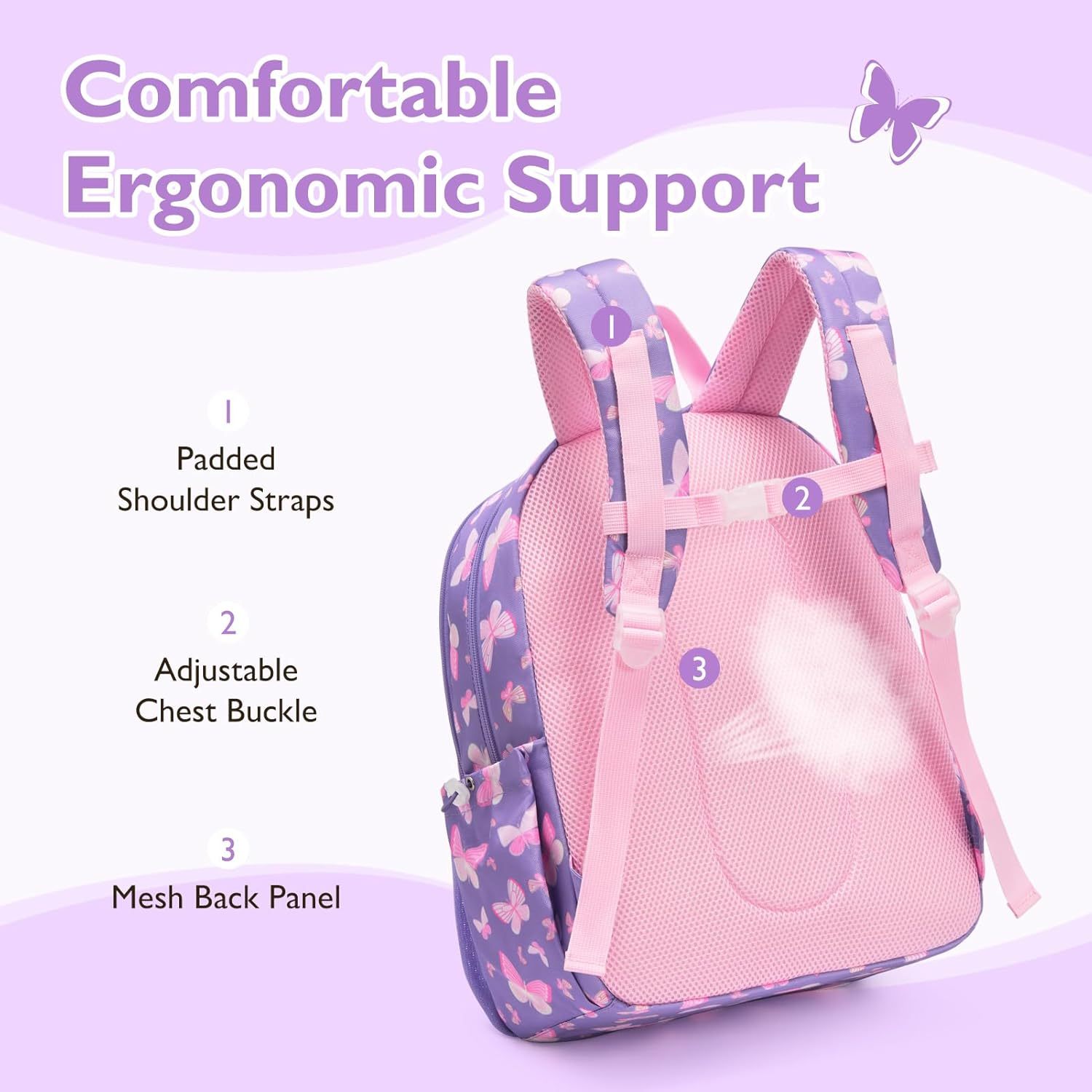 mommore Kids Backpack Set with Lunch Box Purple Butterfly