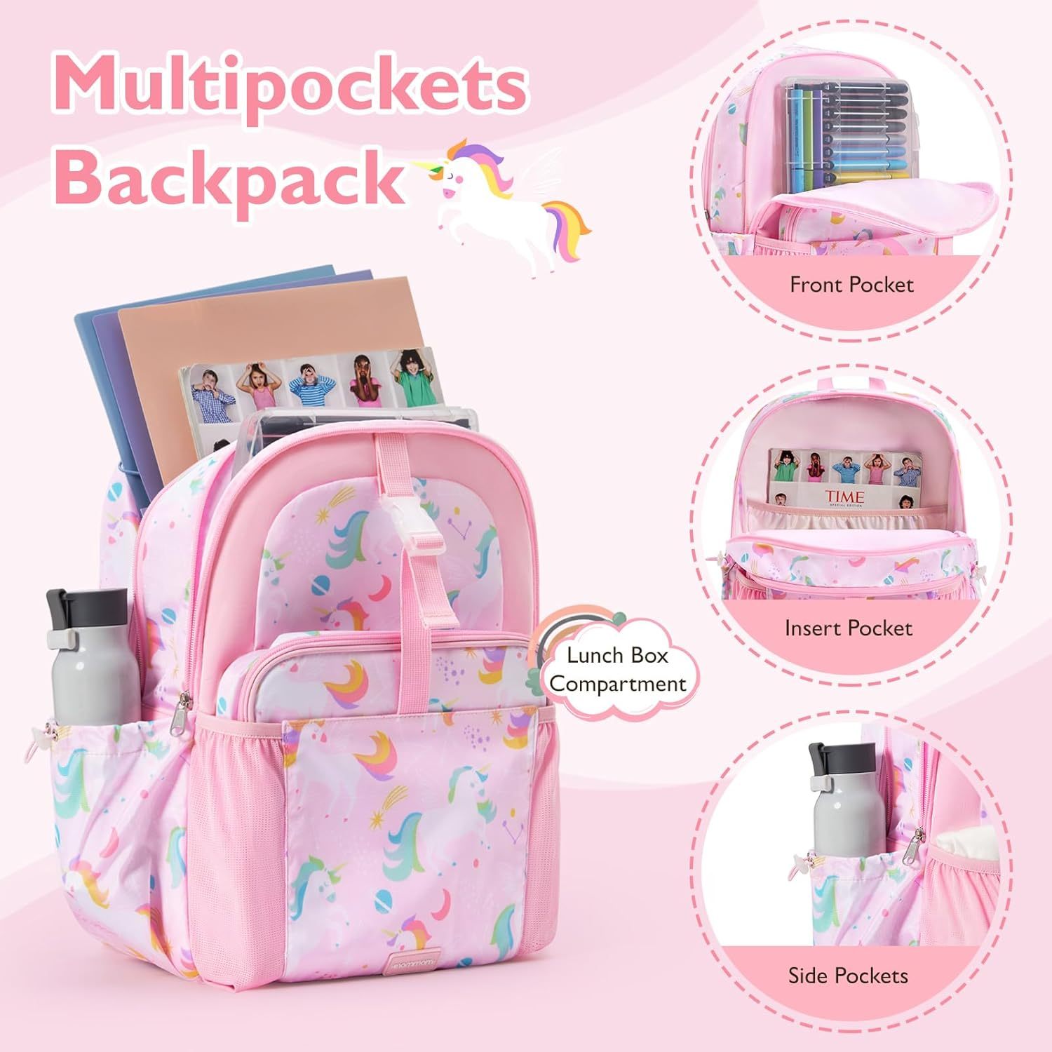 mommore Kids Backpack Set with Lunch Box Pink Unicorn