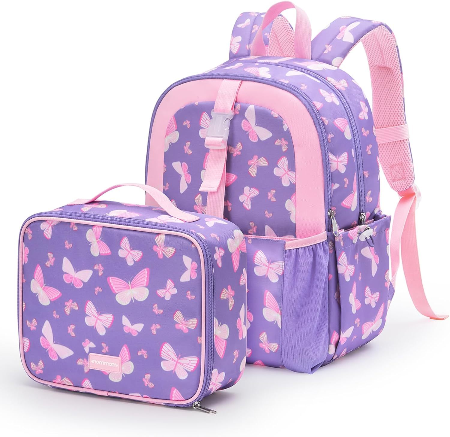 mommore Kids Backpack Set with Lunch Box Purple Butterfly