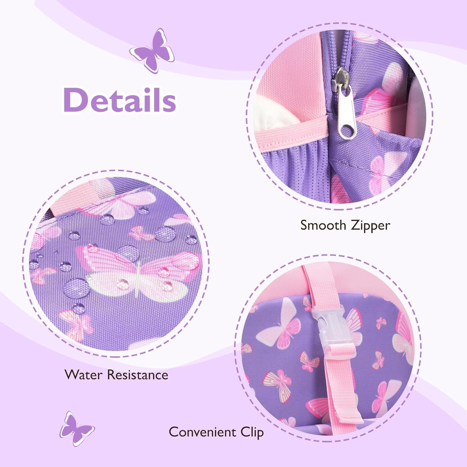 mommore Kids Backpack Set with Lunch Box Purple Butterfly