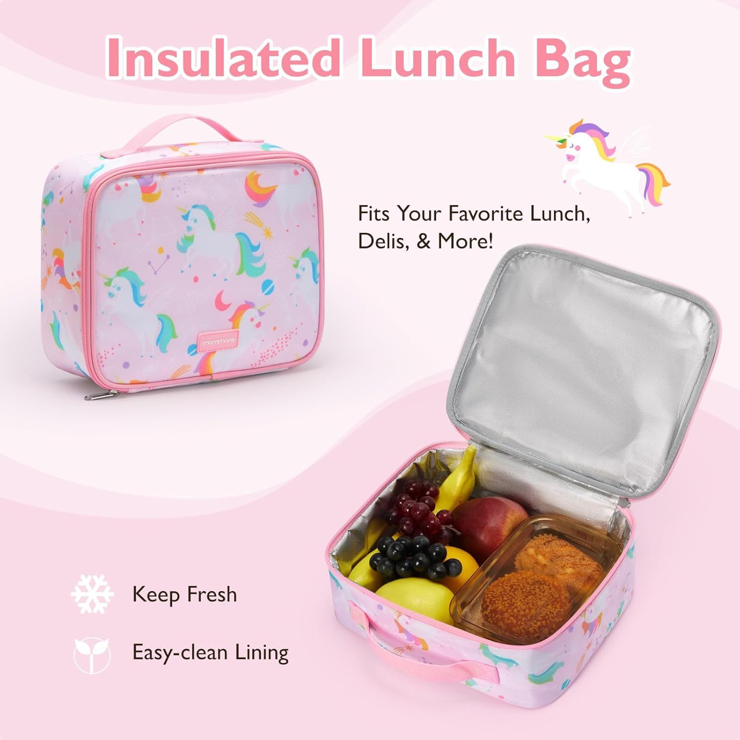 mommore Kids Backpack Set with Lunch Box Pink Unicorn