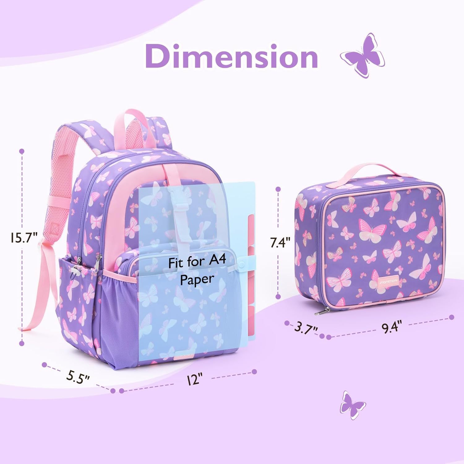 mommore Kids Backpack Set with Lunch Box Purple Butterfly