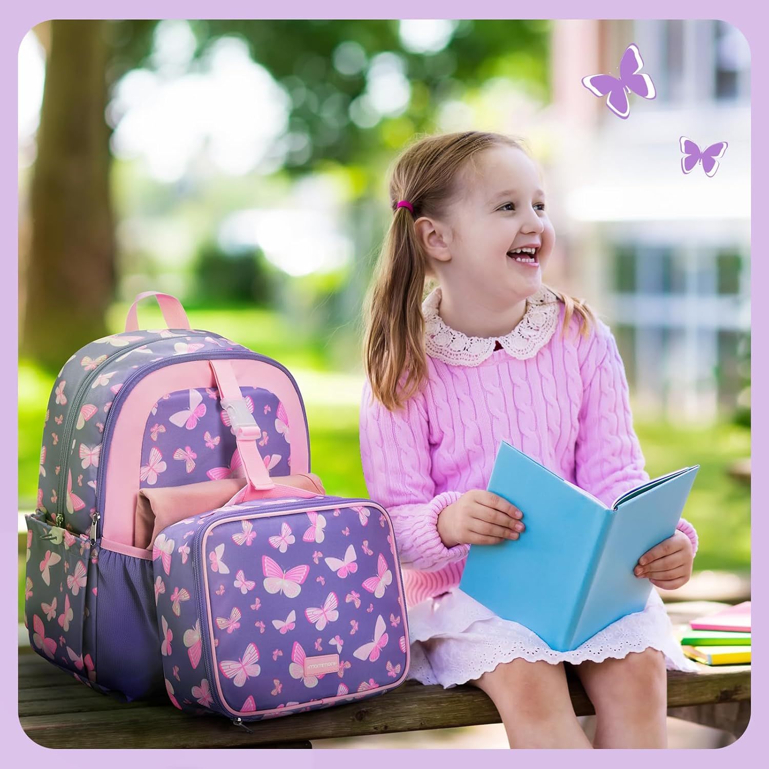 mommore Kids Backpack Set with Lunch Box Purple Butterfly