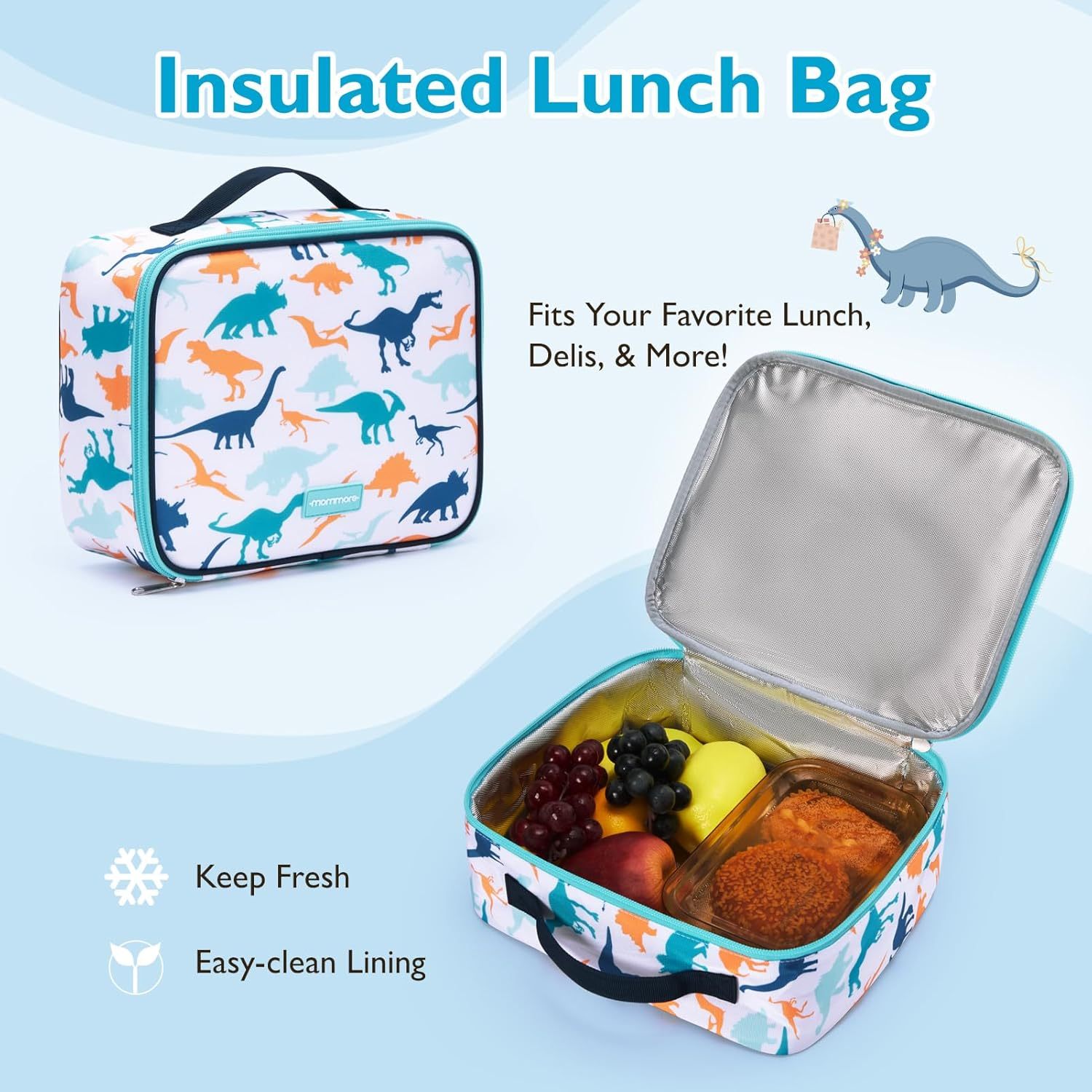 mommore Kids Backpack Set with Lunch Box Blue Dinosaur