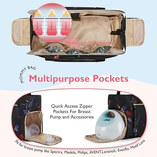 [Copy]mommore Breast Pump Bag Diaper Tote Bag Black-flower