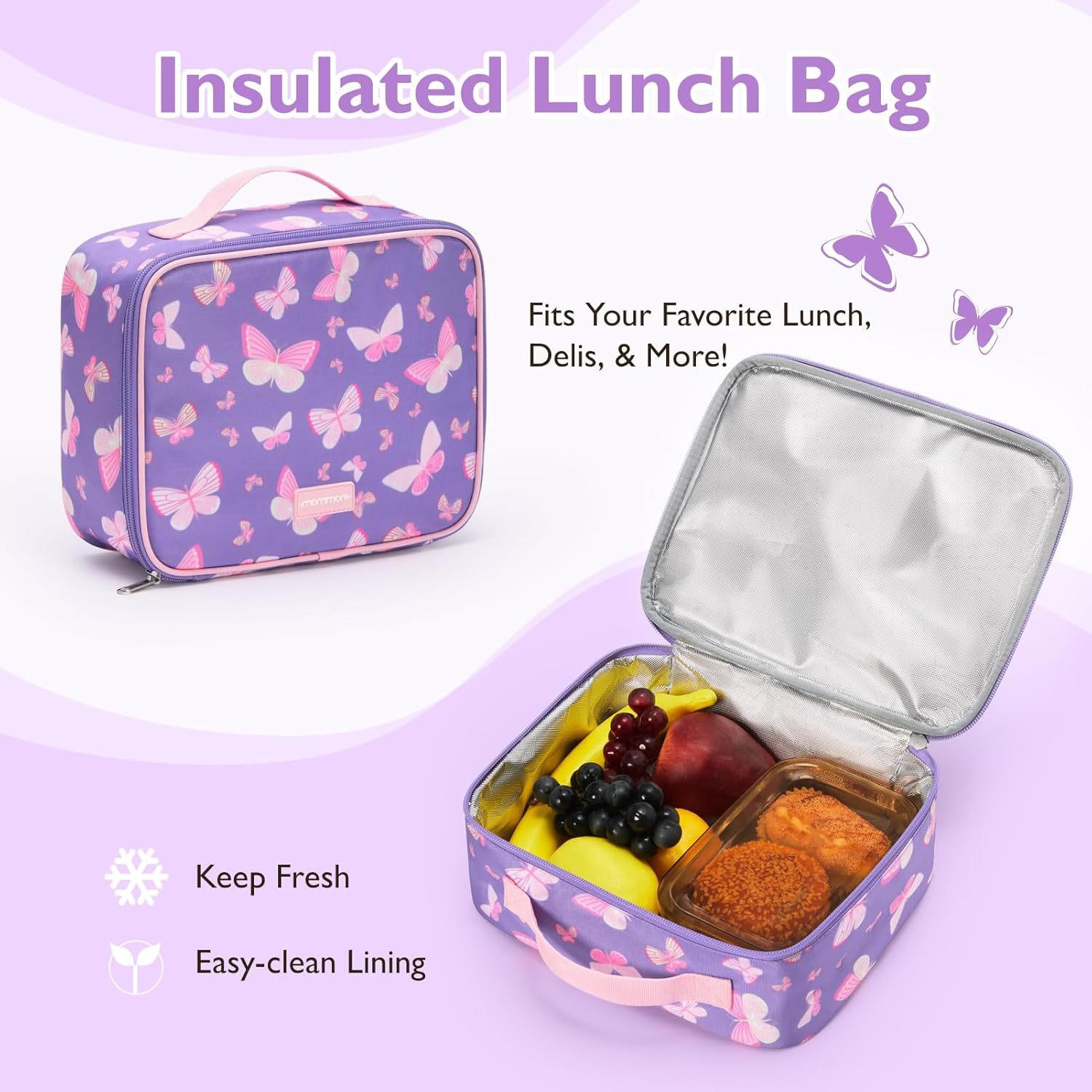 mommore Kids Backpack Set with Lunch Box Purple Butterfly
