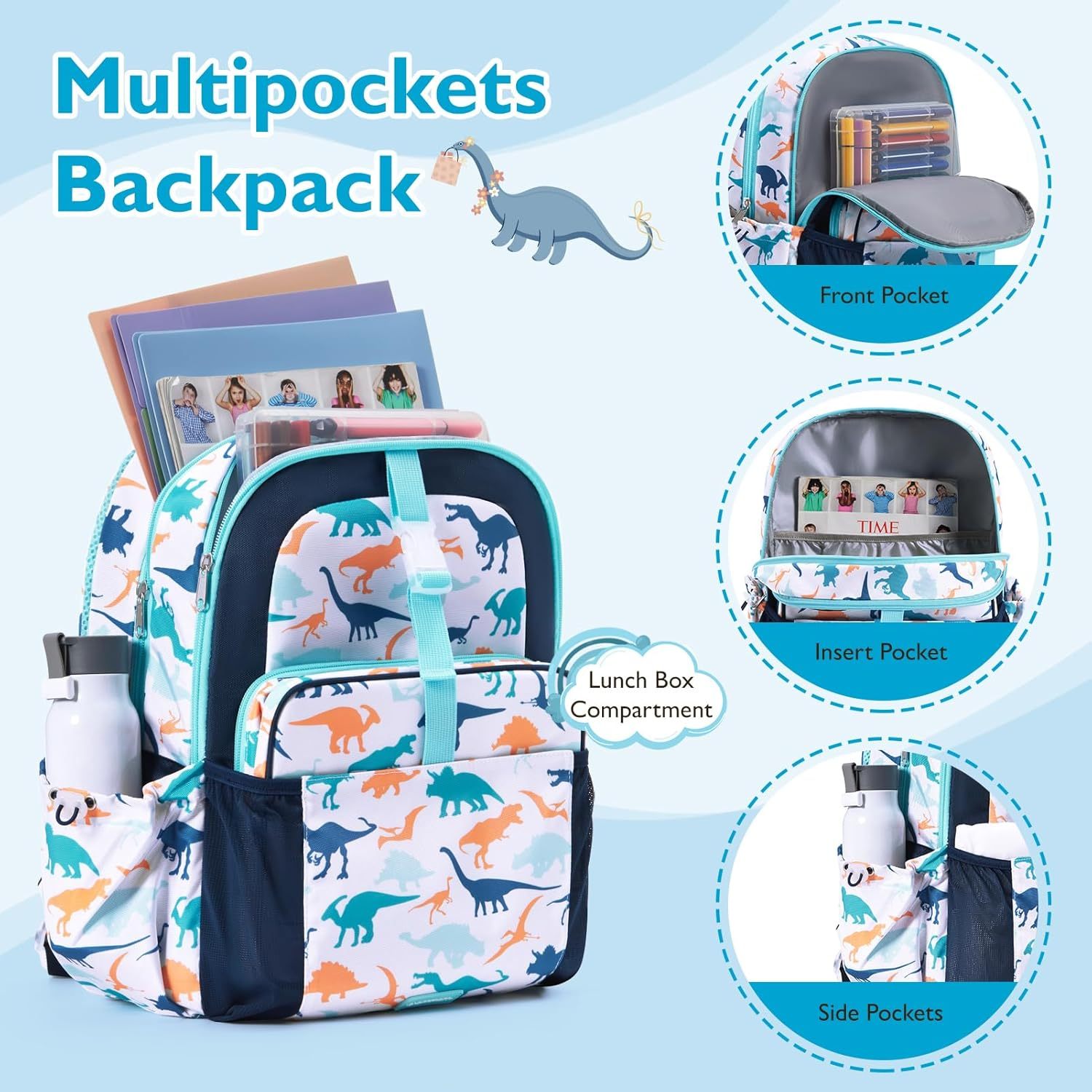 mommore Kids Backpack Set with Lunch Box Blue Dinosaur