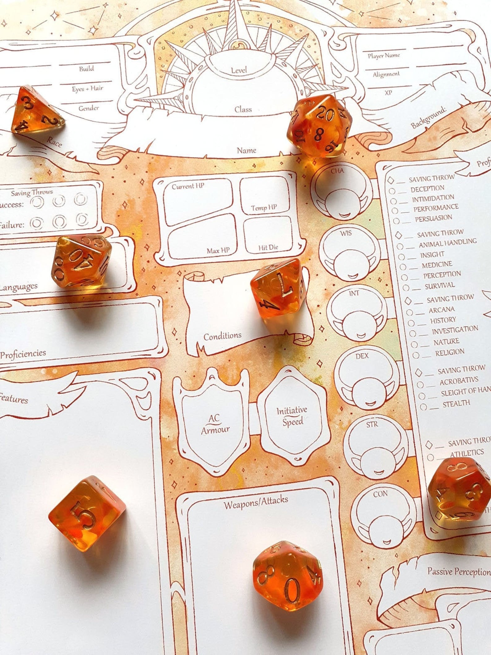 Sunlit Character Sheets - D&D 5e + Give away a Mystery Dice Set