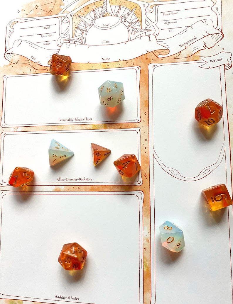 Sunlit Character Sheets - D&D 5e + Give away a Mystery Dice Set