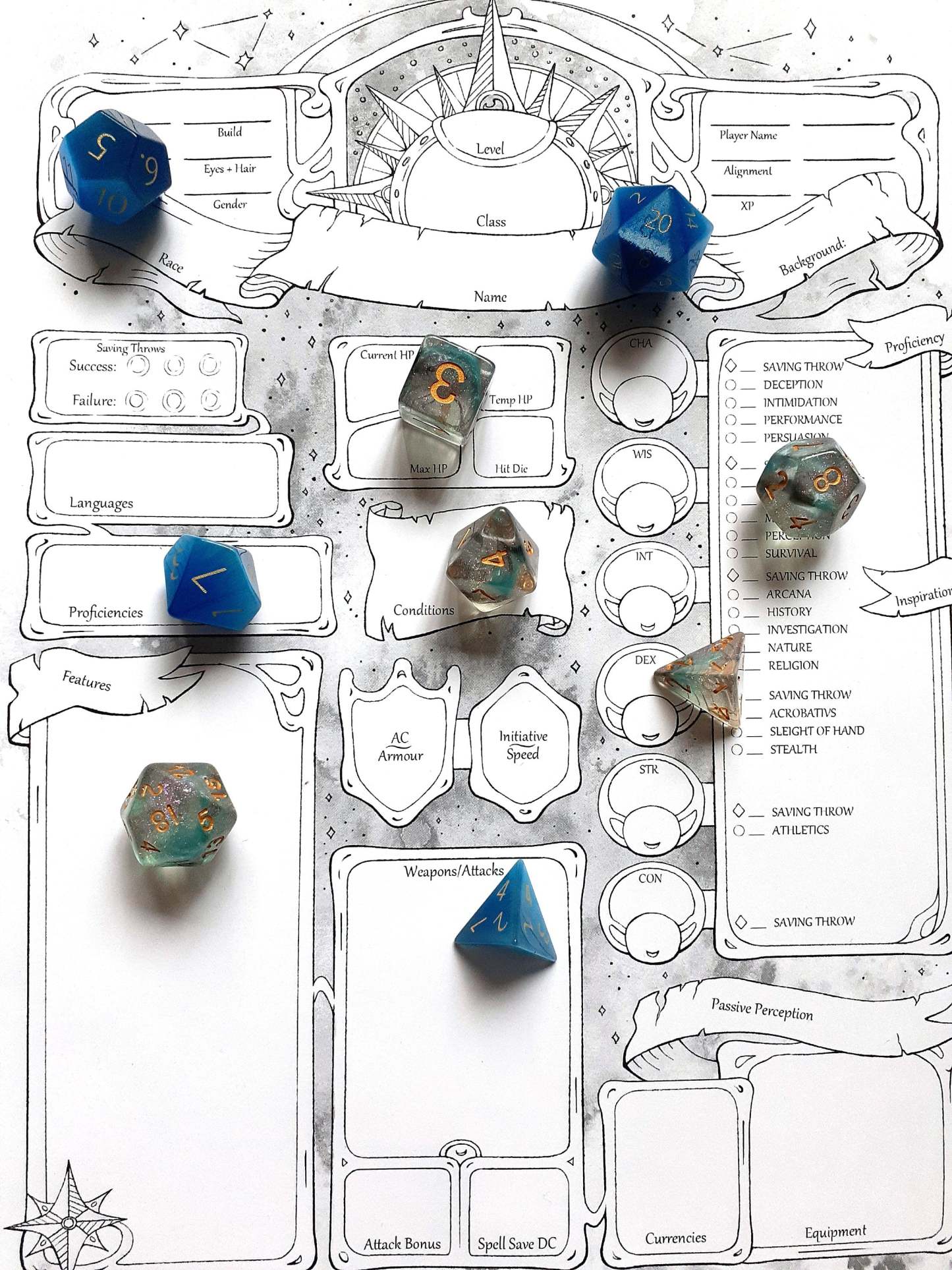 Sunlit Character Sheets - D&D 5e + Give away a Mystery Dice Set