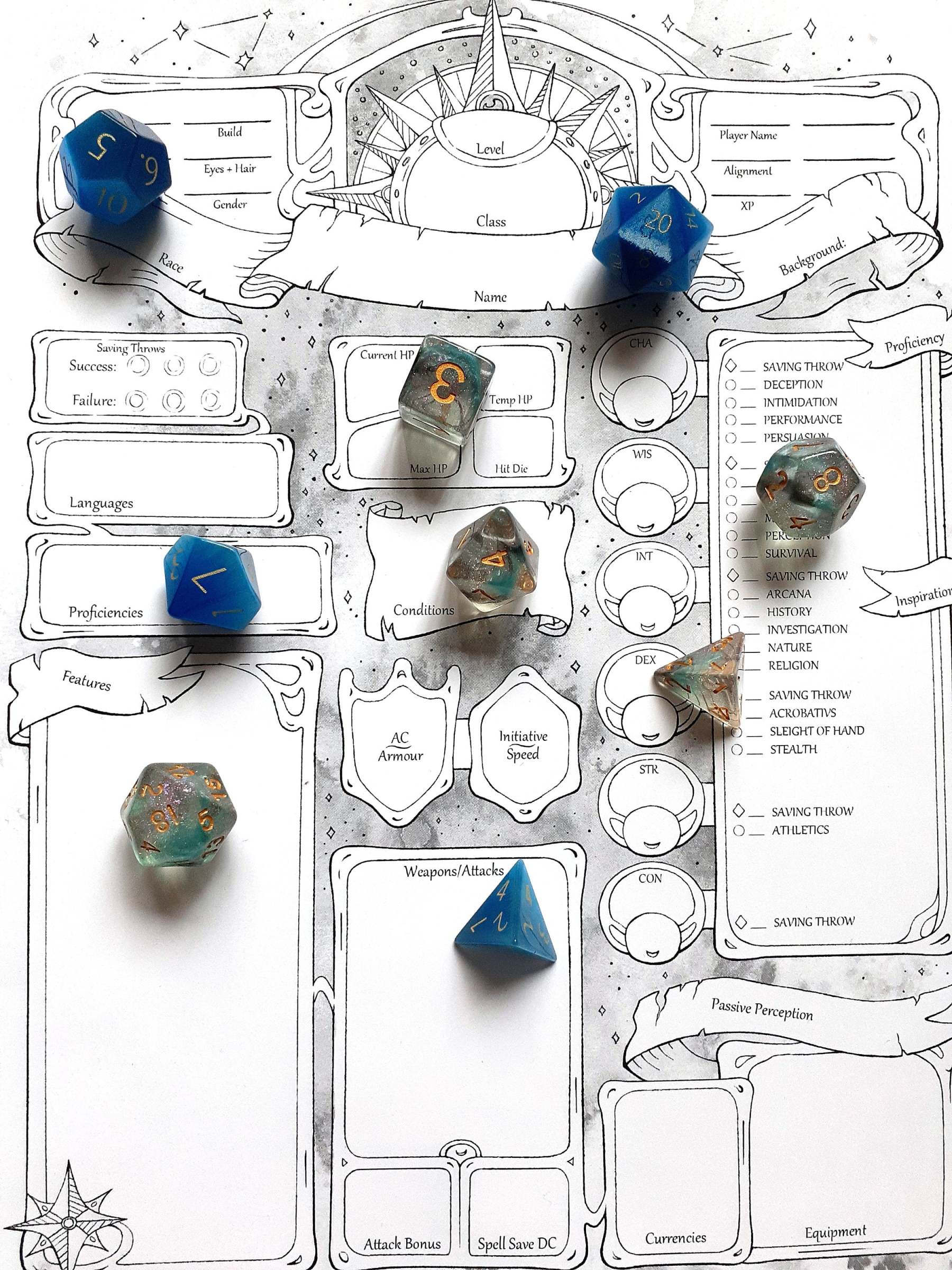 Sunlit Character Sheets - D&D 5e + Give away a Mystery Dice Set