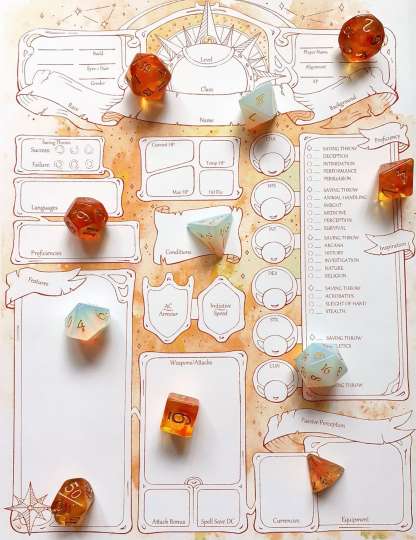 Sunlit Character Sheets - D&D 5e + Give away a Mystery Dice Set