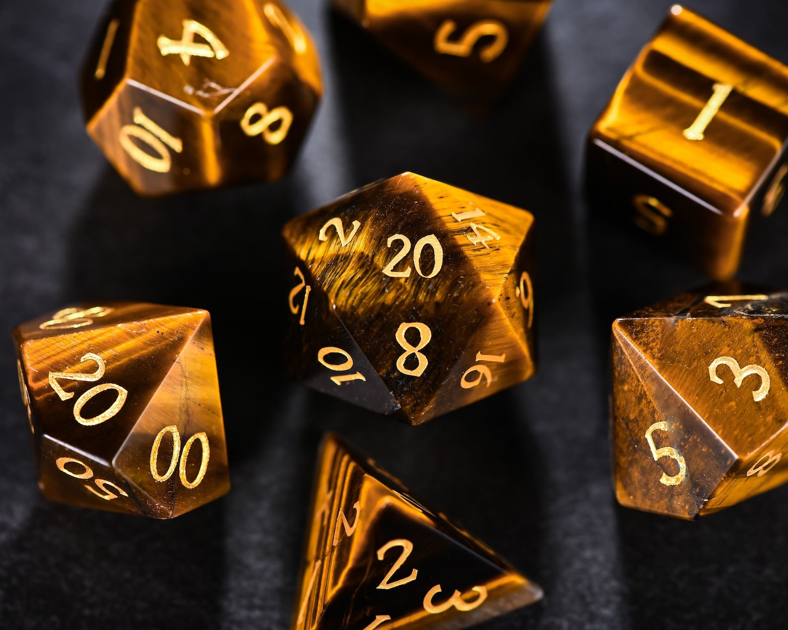 Yellow tiger eye gemstone dice set