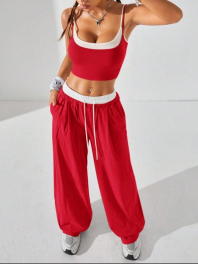 Vibecurve® Two-piece Set Women's Colorblock 2 in 1 Cami Top & Wide Leg Pants Set