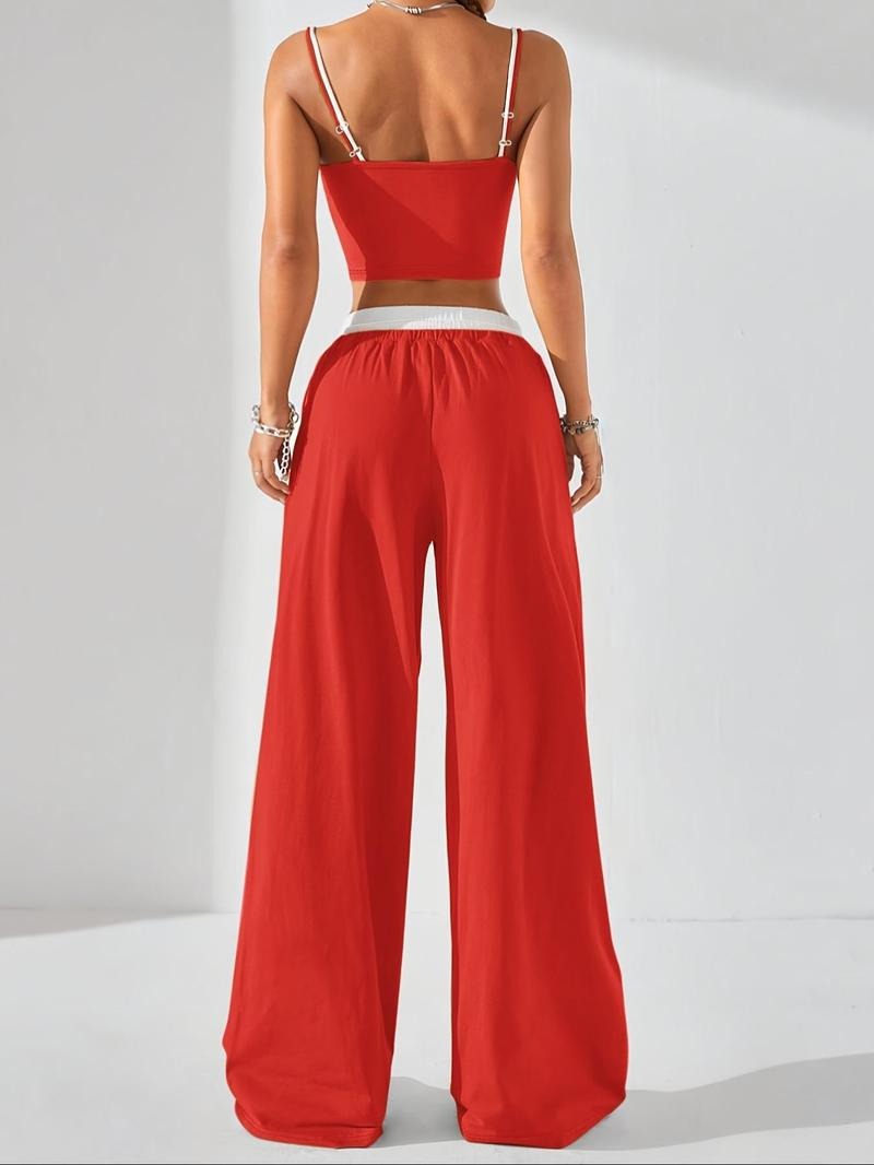 Vibecurve® Two-piece Set Women's Colorblock 2 in 1 Cami Top & Wide Leg Pants Set