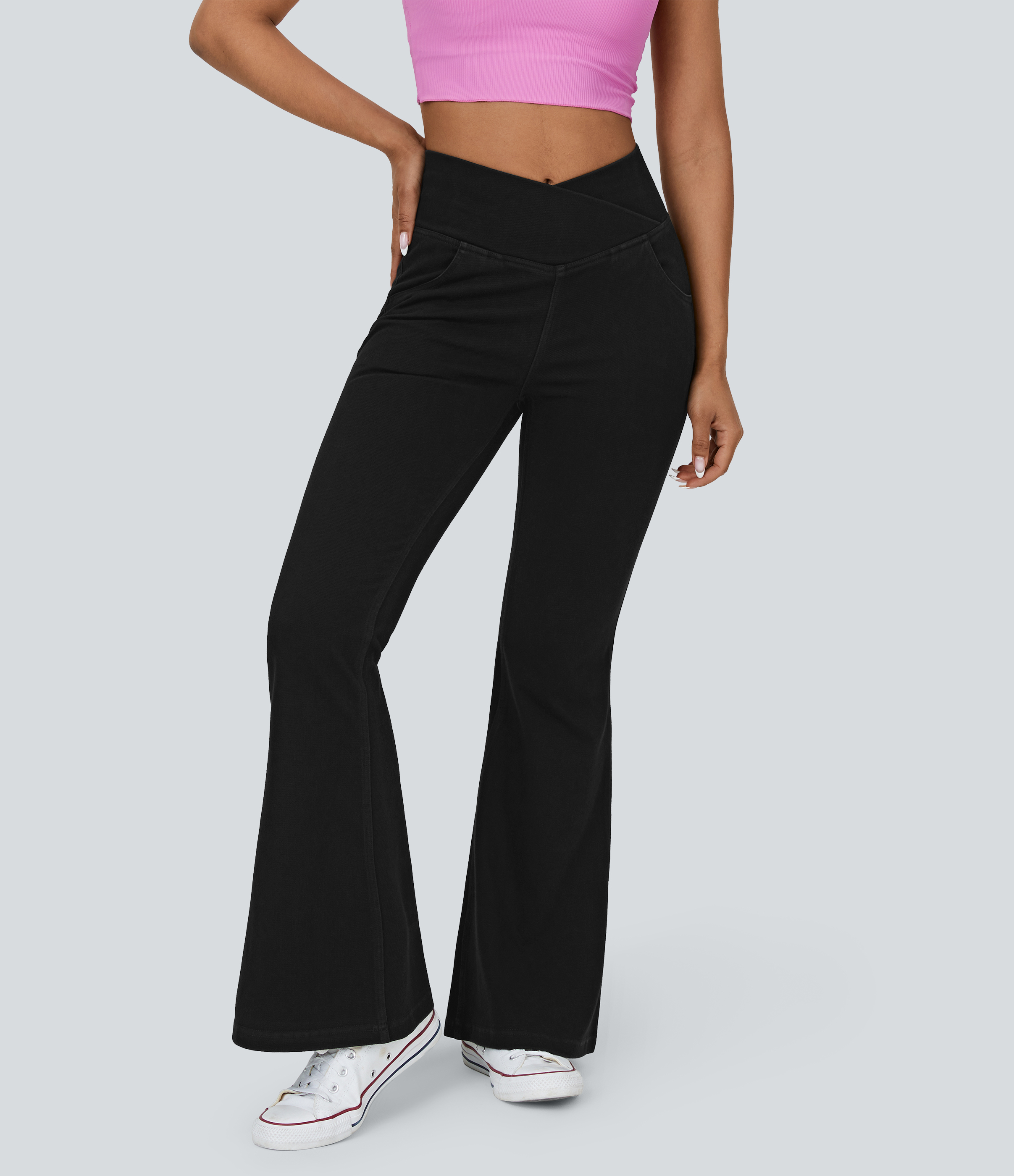 Vibecurve® High Waisted Crossover Pocket Washed Stretchy Knit Casual Super Flare Jeans
