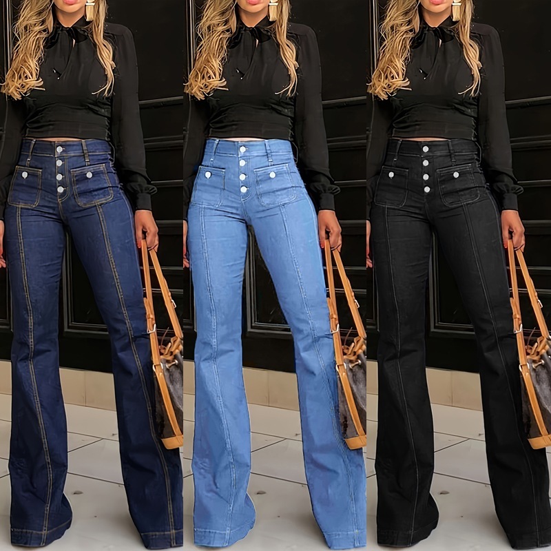 Vibecurve®  Plain Button Pocket Flare Leg Jeans