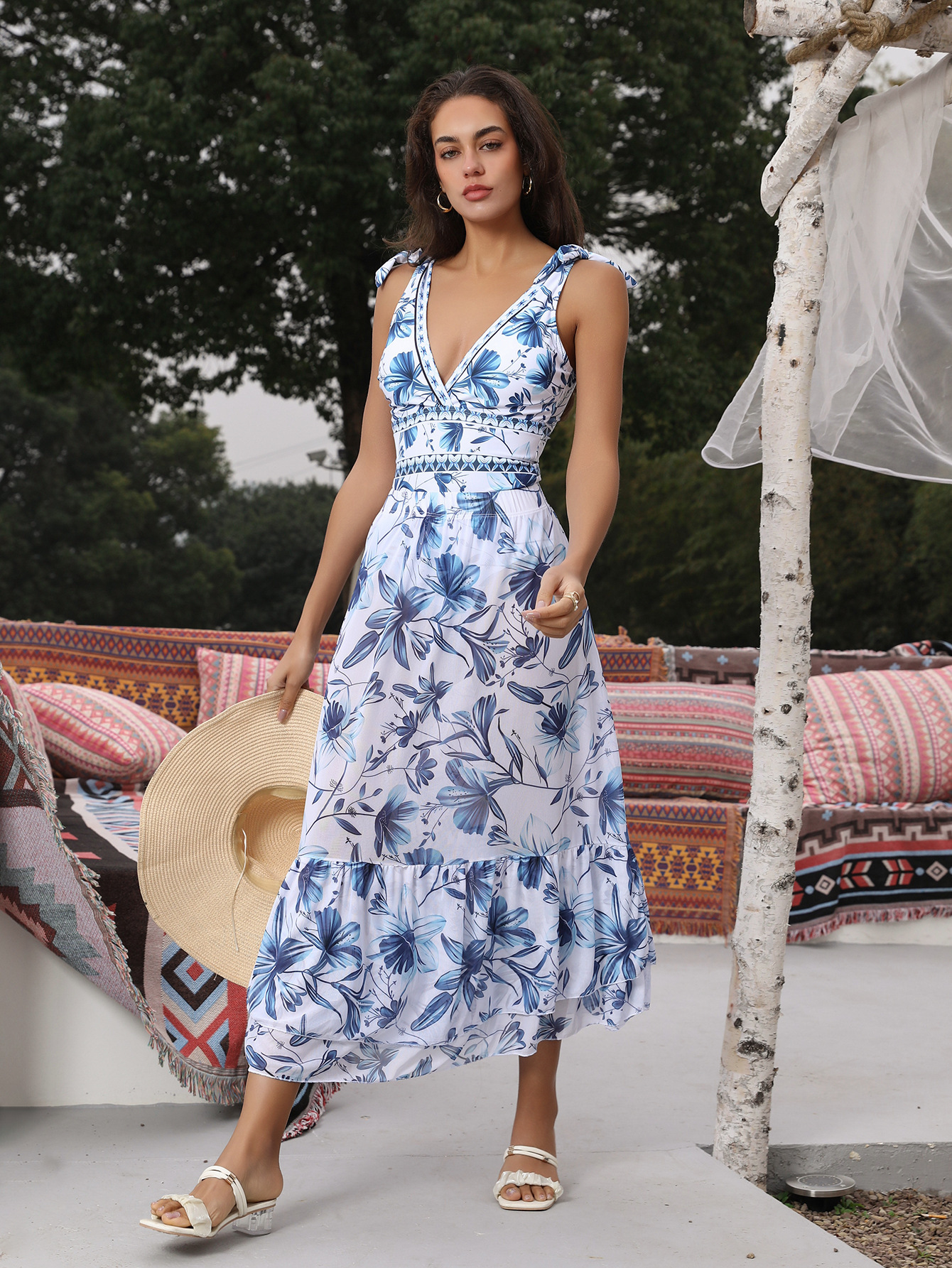 Vibecurve® V Neck Lace Up Strip Plant Prints One Piece Swimsuit and Skirt/Sarong