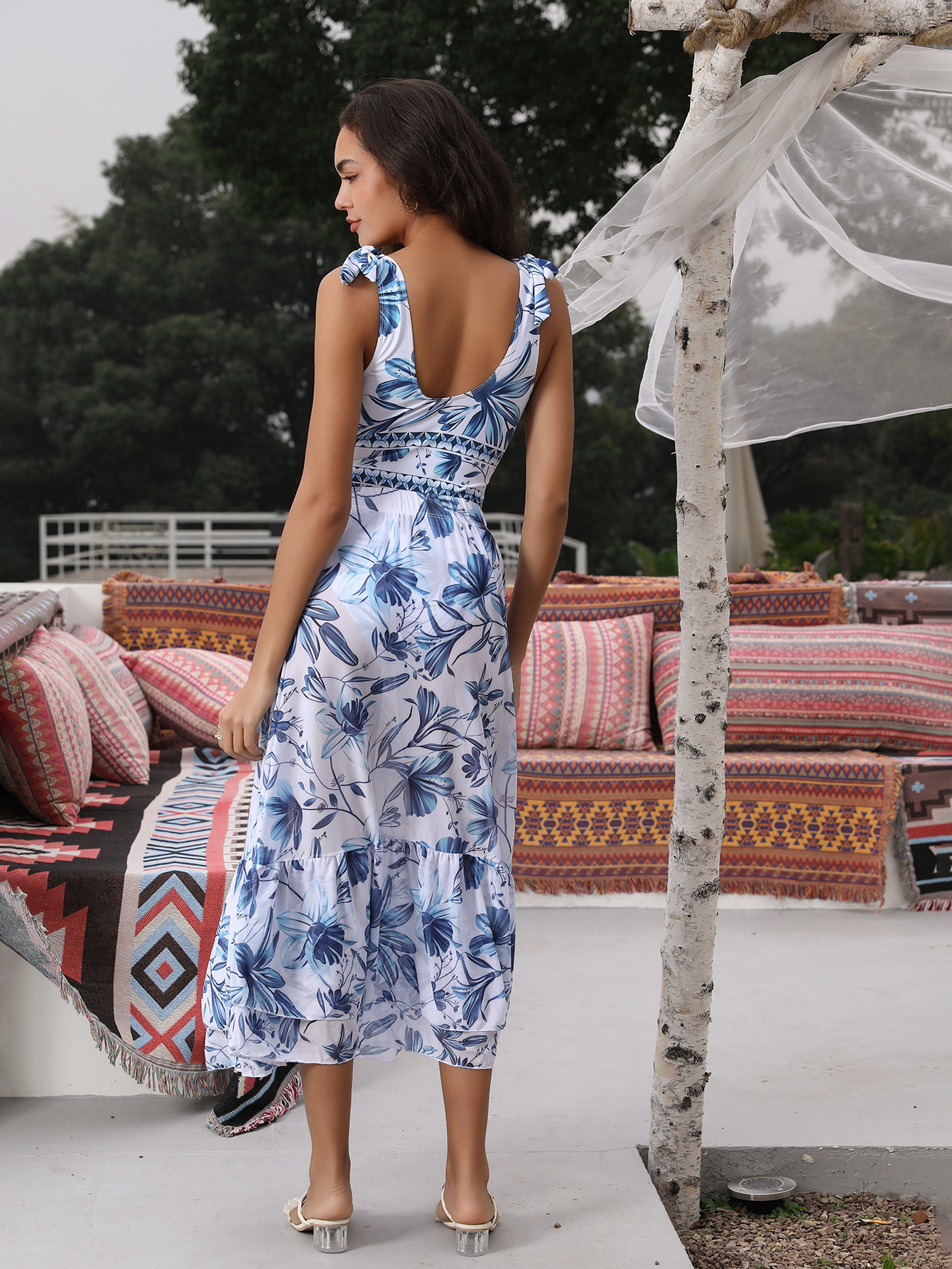 Vibecurve® V Neck Lace Up Strip Plant Prints One Piece Swimsuit and Skirt/Sarong