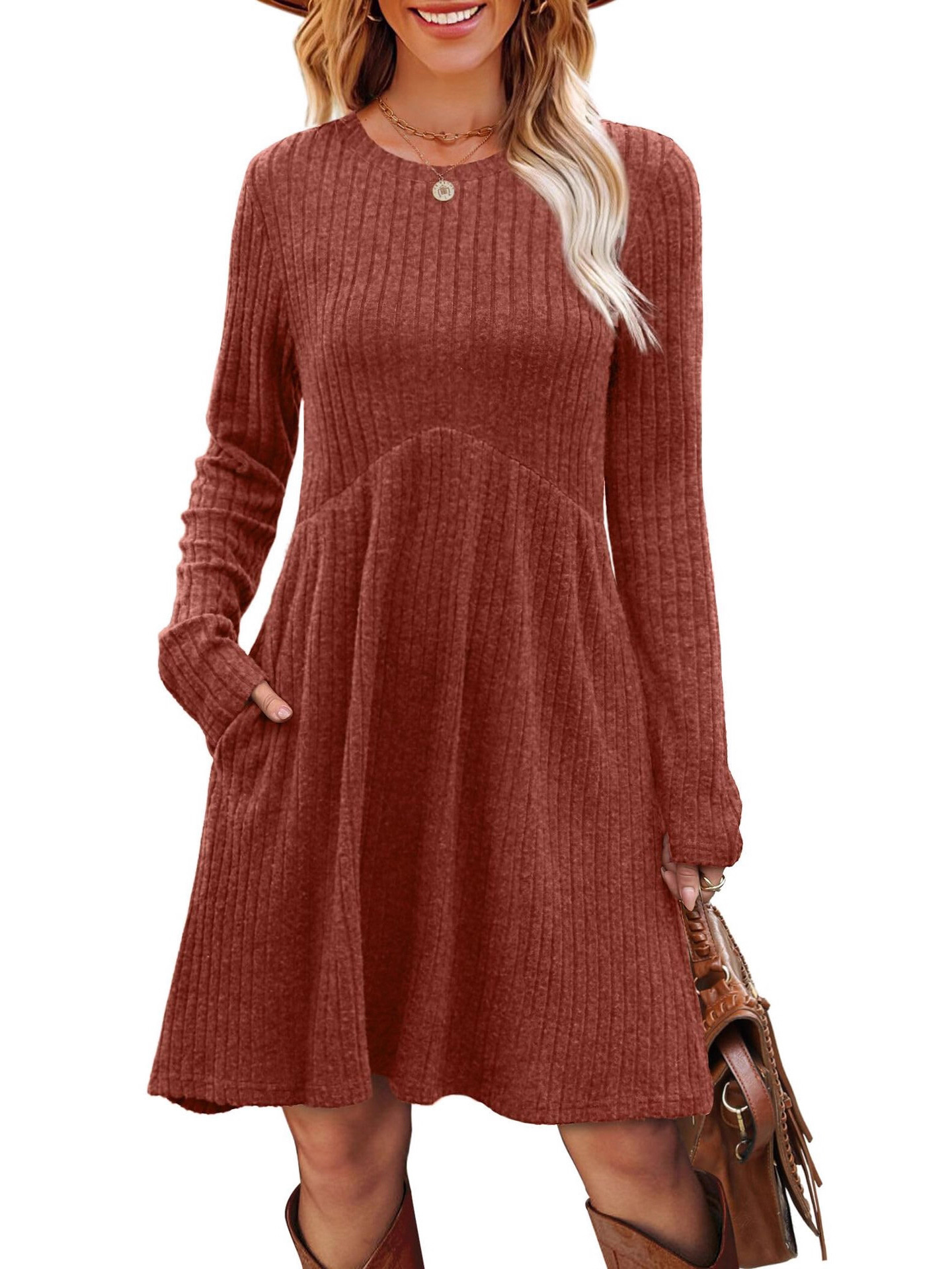 Vibecurve® Long Sleeve Dress for Women Crew Neck Empire Waist Tunic Dress with Pockets