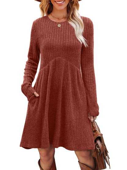 Vibecurve® Long Sleeve Dress for Women Crew Neck Empire Waist Tunic Dress with Pockets