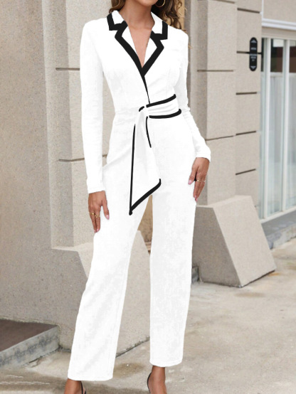 Vibecurve® Contrast Paneled Notched Collar Padded shoulders Work Jumpsuit