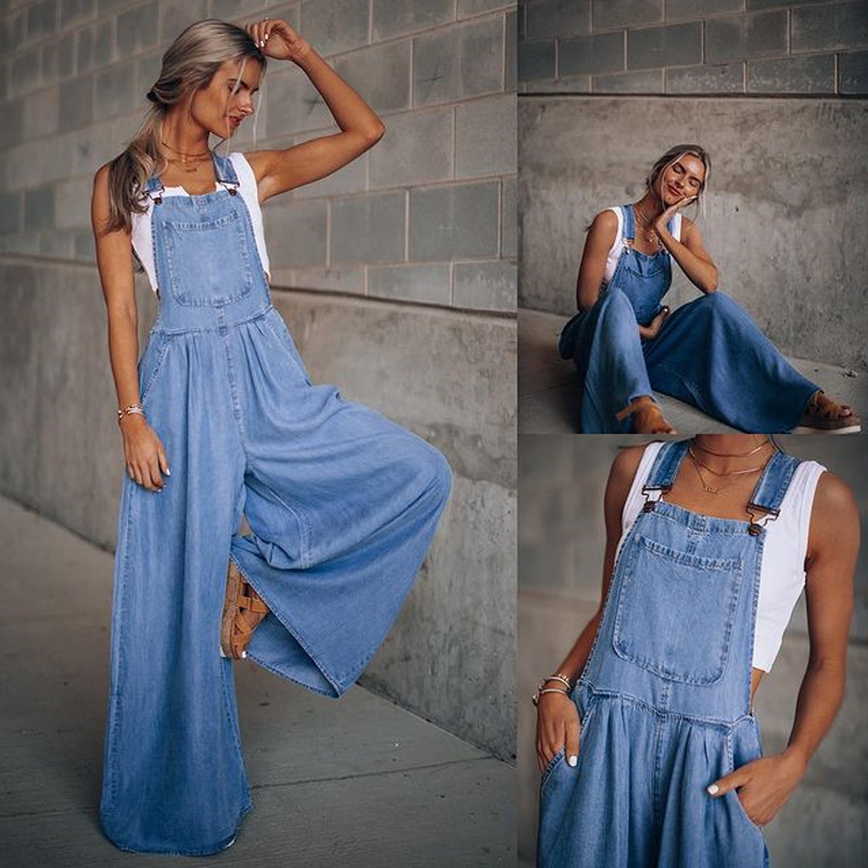 Vibecurve® Denim-Effect Print Plicated Wide Leg Overalls Jumpsuit