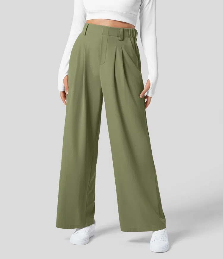 Vibecurve® High Waisted Plicated Side Pocket Wide Leg Waffle Work Pants