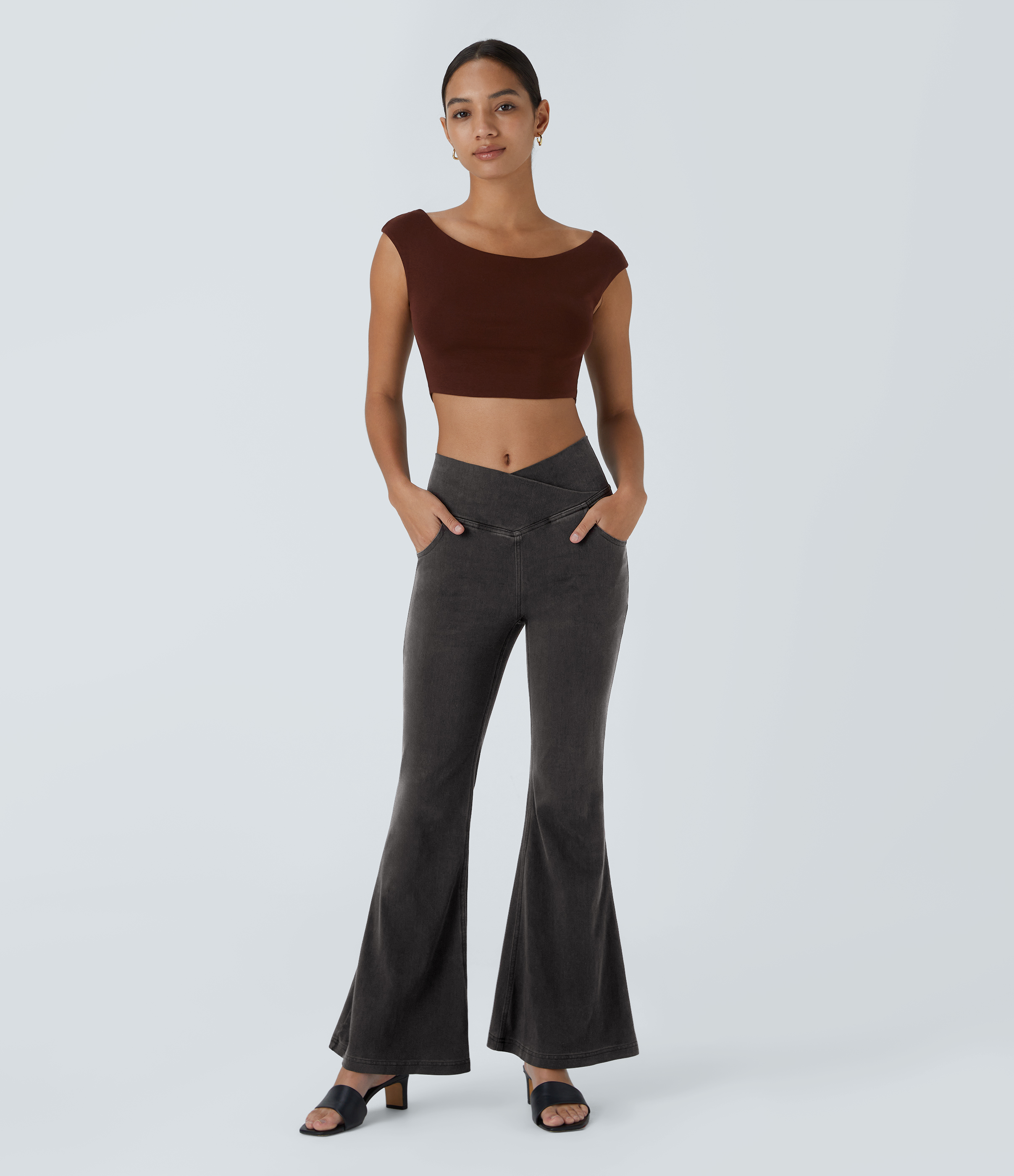 Vibecurve® High Waisted Crossover Pocket Washed Stretchy Knit Casual Super Flare Jeans