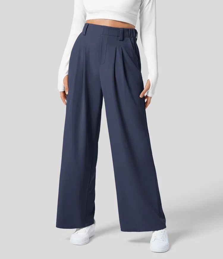 Vibecurve® High Waisted Plicated Side Pocket Wide Leg Waffle Work Pants