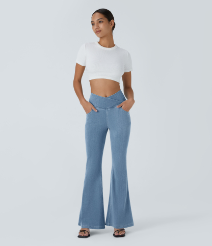 Vibecurve® High Waisted Crossover Pocket Washed Stretchy Knit Casual Super Flare Jeans