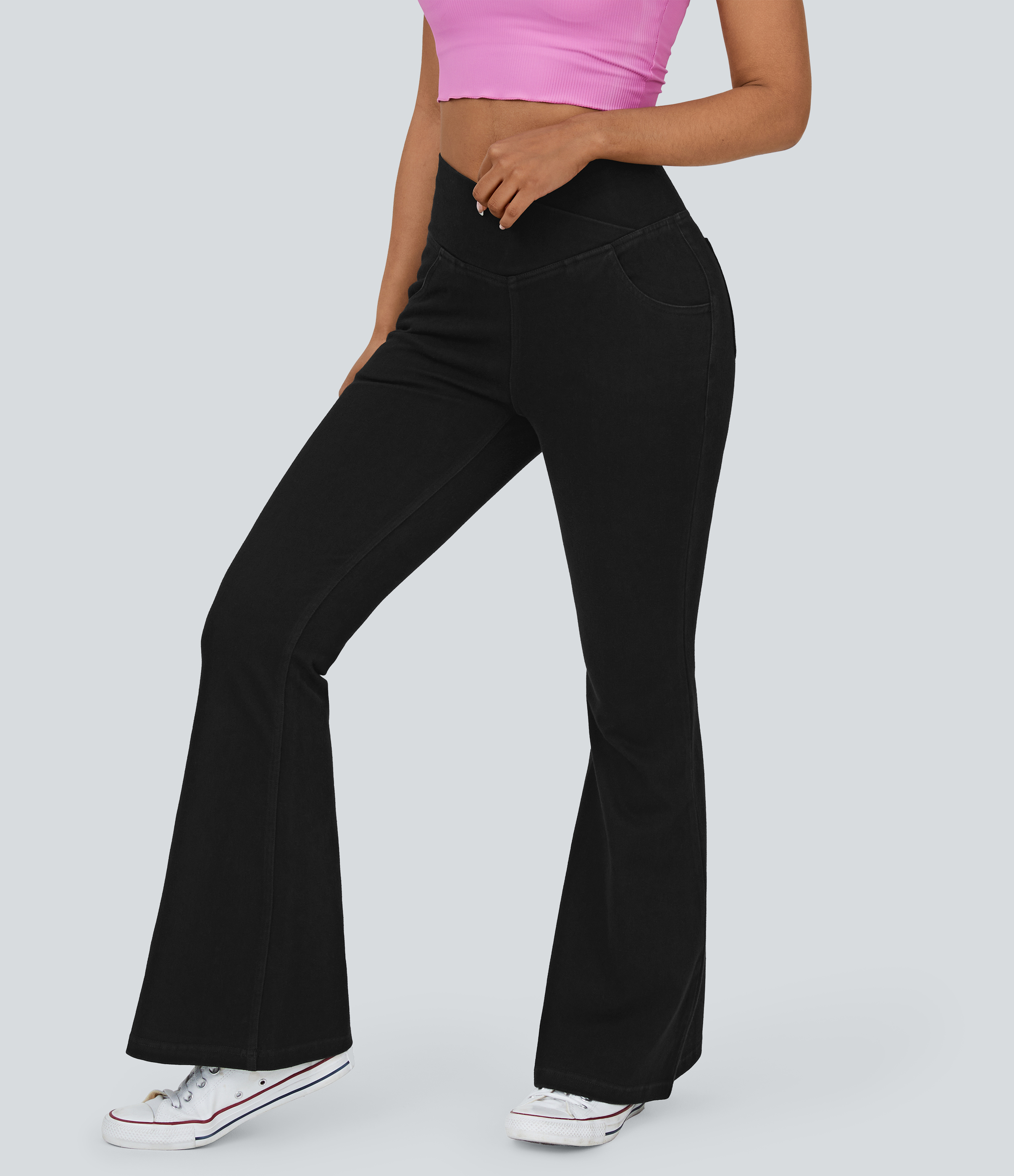 Vibecurve® High Waisted Crossover Pocket Washed Stretchy Knit Casual Super Flare Jeans