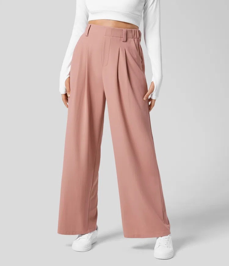 Vibecurve® High Waisted Plicated Side Pocket Wide Leg Waffle Work Pants