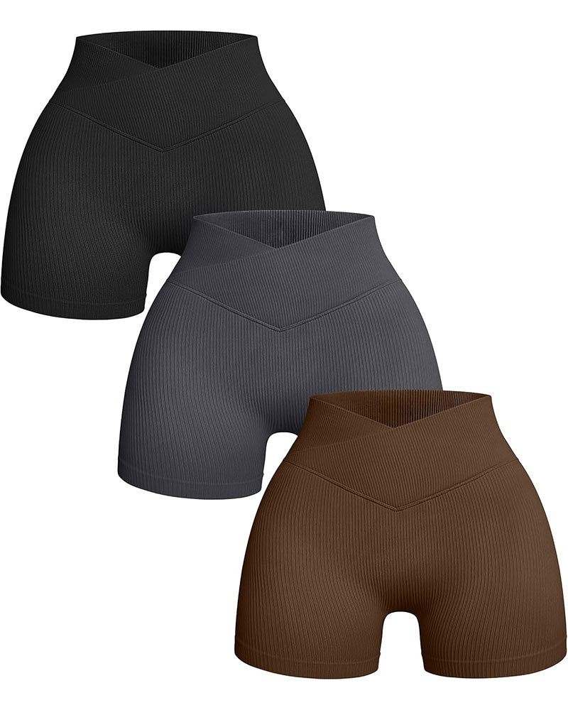 Women's 3 Piece Yoga Shorts Ribbed Seamless Workout High Waist Cross Over Athletic Leggings