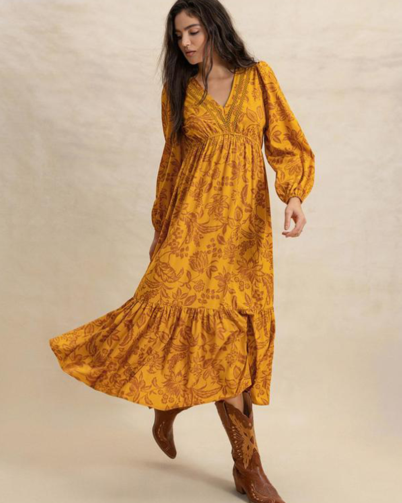 Vibecurve® Floral Print Contrast Lace Long Sleeve Ruffle Hem Dress