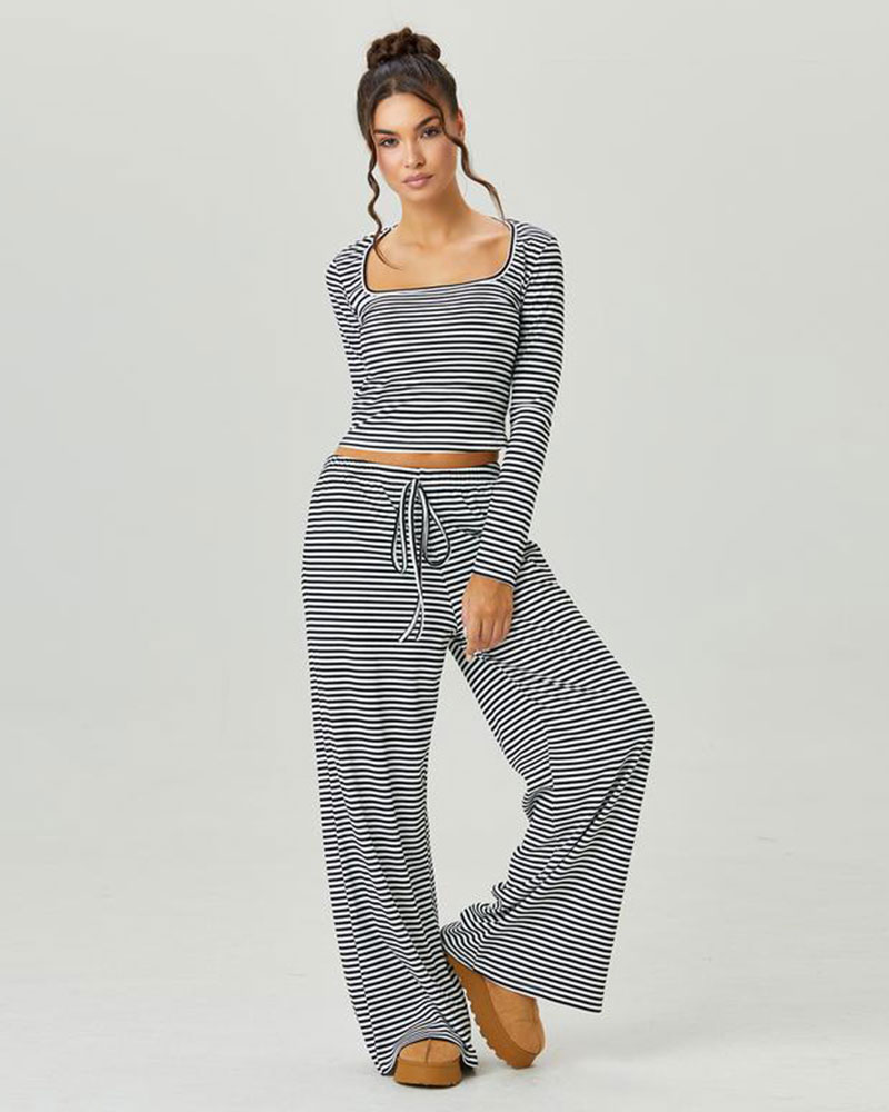 Vibecurve® Slouchy Square Neck Stripe Long Sleeve Crop Top & Low-Rise Wide Leg Trousers Co-ord