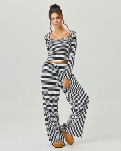 Vibecurve® Slouchy Square Neck Stripe Long Sleeve Crop Top & Low-Rise Wide Leg Trousers Co-ord