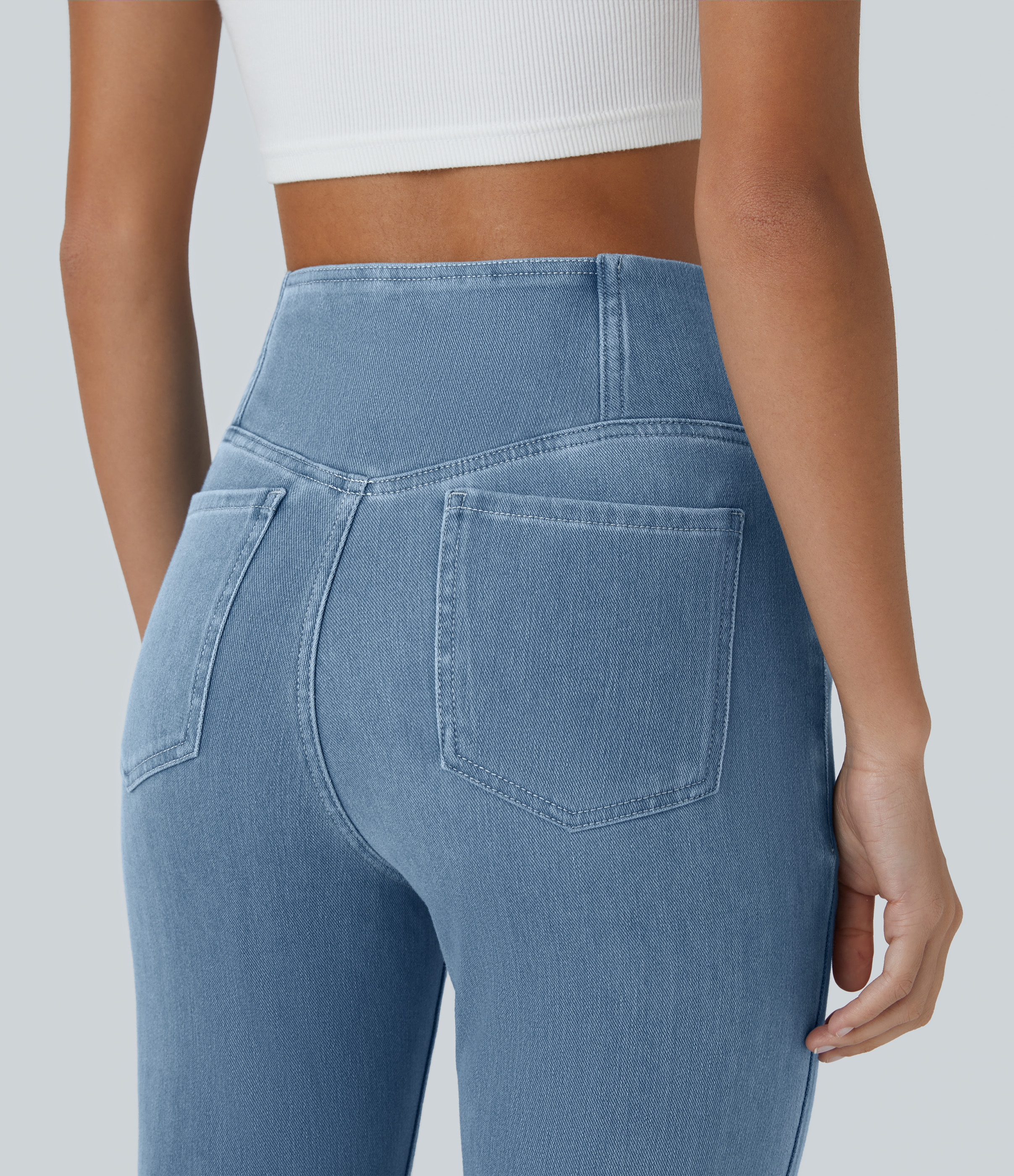Vibecurve® High Waisted Crossover Pocket Washed Stretchy Knit Casual Super Flare Jeans