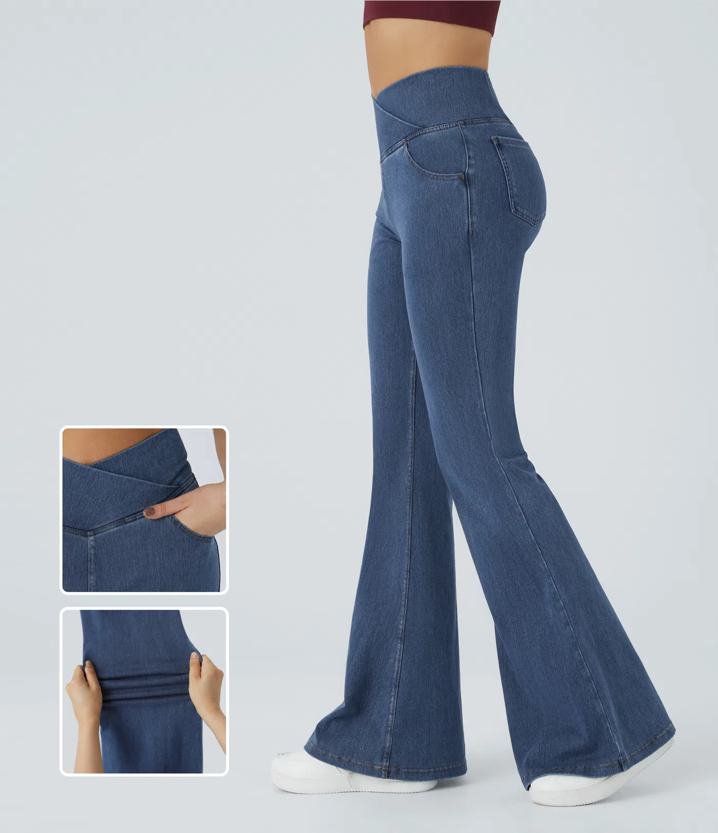 Vibecurve® High Waisted Crossover Pocket Washed Stretchy Knit Casual Super Flare Jeans