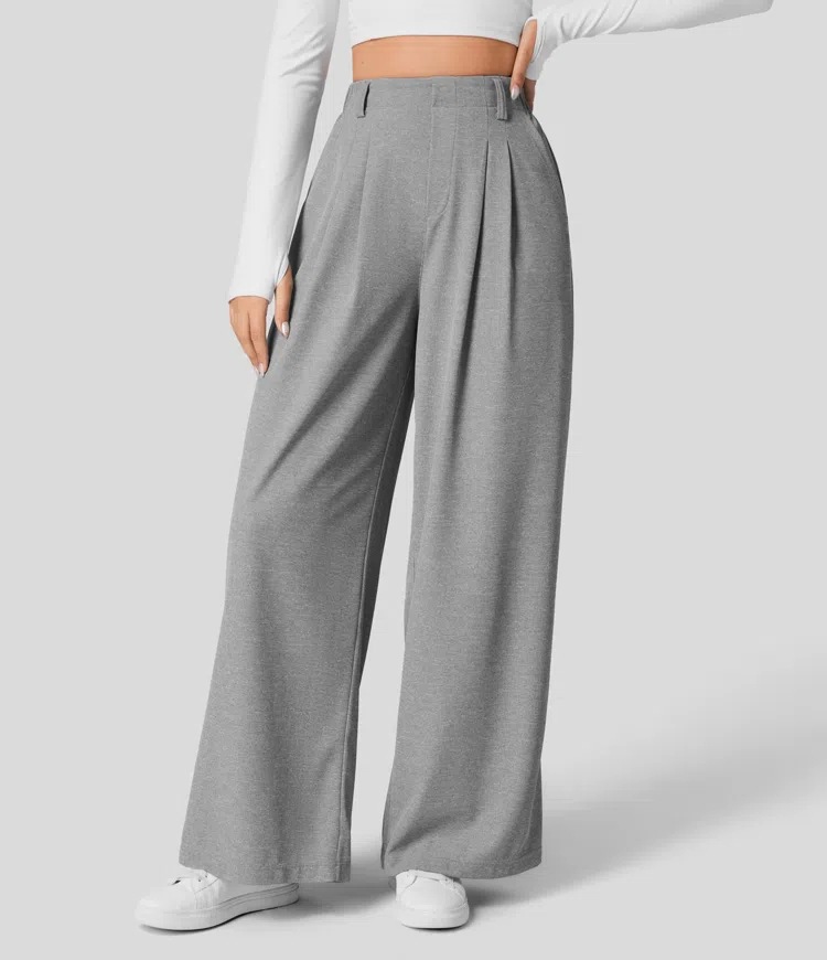 Vibecurve® High Waisted Plicated Side Pocket Wide Leg Waffle Work Pants
